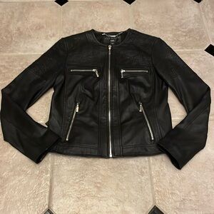 Bernardo Leather Moto Jacket Embroidered Zippered Pockets Black Size XS